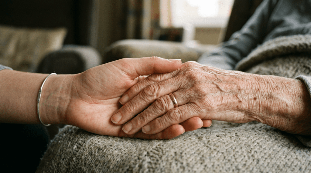 A younger hand gently holding an older hand resting on a knitted blanket